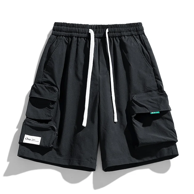 Fashion Spliced Pockets Solid Color Cargo Shorts Men's Clothing 2024 Summer New Loose Elastic Lace Up Solid Color Casual Shorts