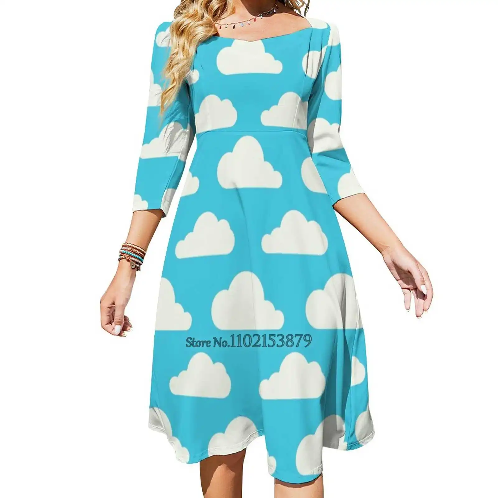 Fluffy Clouds Back Lacing Backless Dress Square Neck Dress Fashion Printed Dress 6Xl Cute Cloud Sky Blue Minimalist Minimal