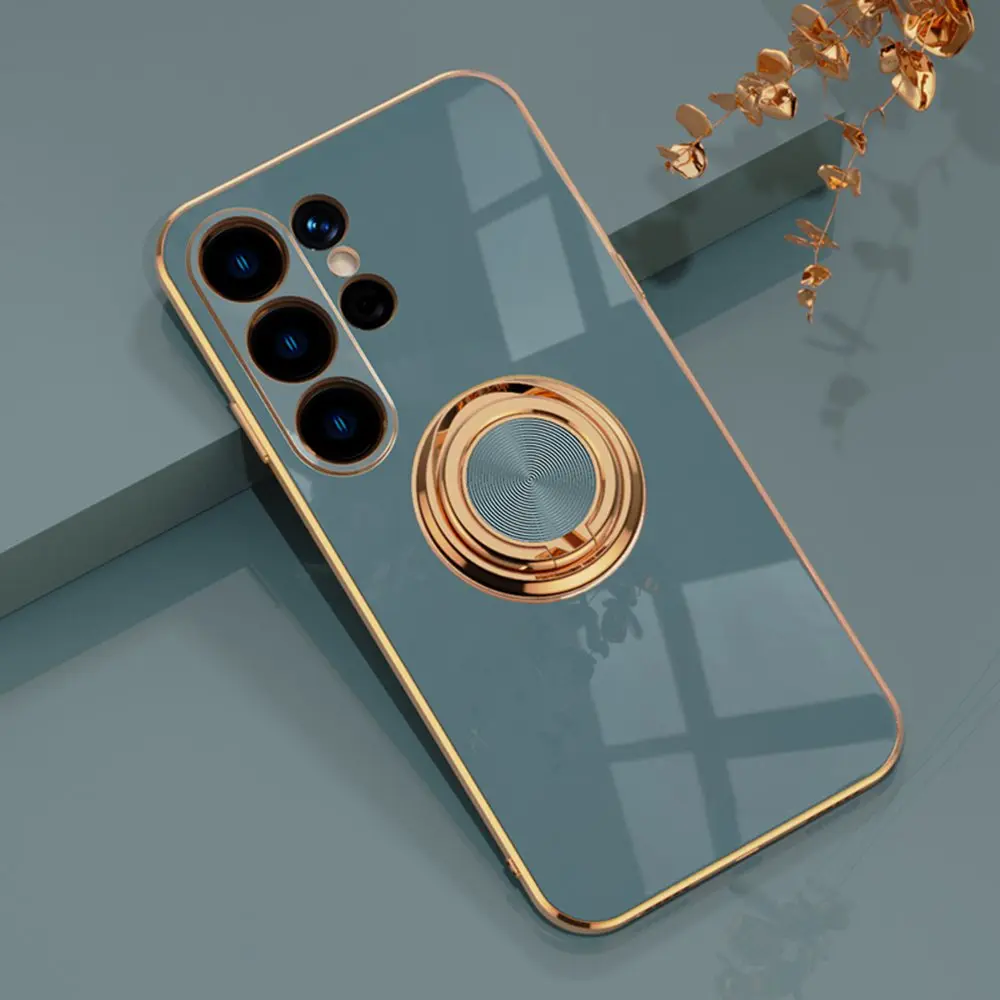 Luxurious Shockproof Silicone Case with Gold Plated Bumper and Magnetic Ring Holder