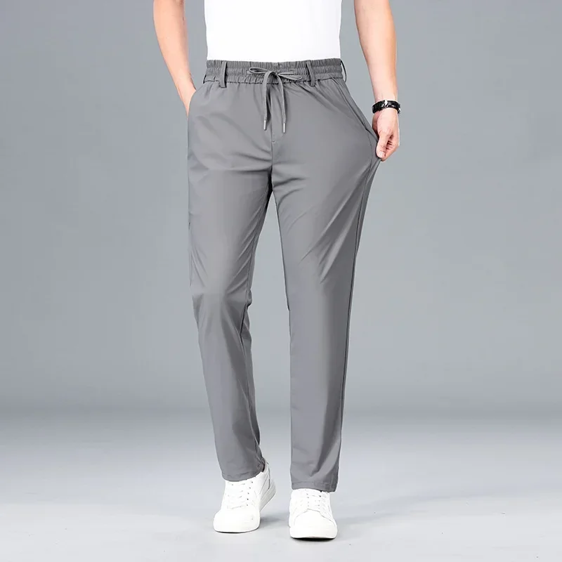 Summer Men Breathable Elastic Drawstring Jogging Pants Comfortable Thin Soft Fabric Trousers Casual Male Full Length Work Pants