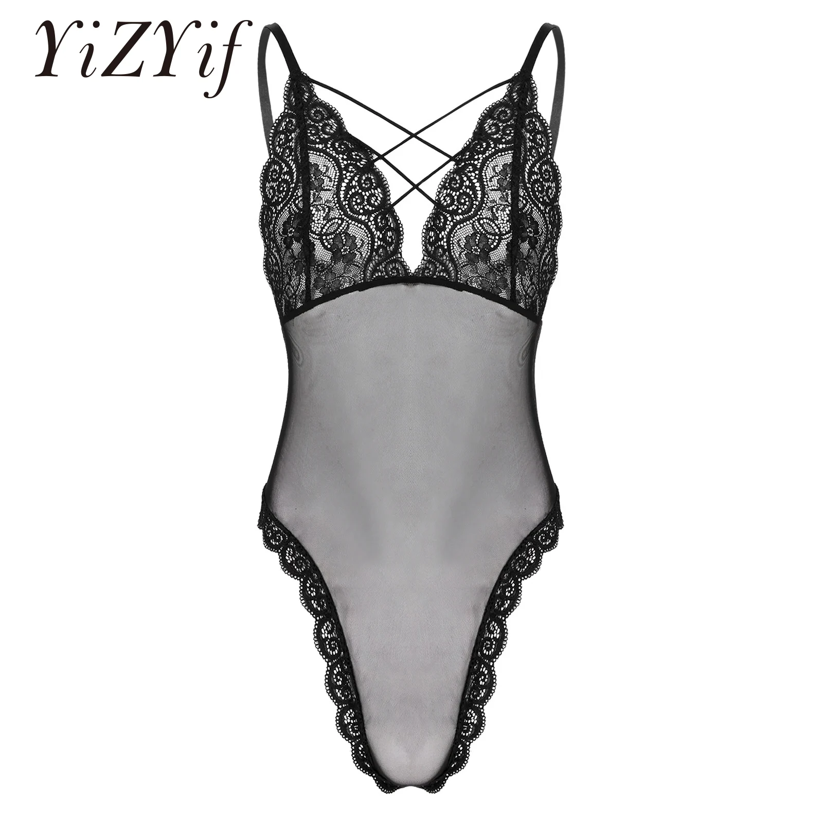 Men Sissy Bodysuits Sexy Crossdress Lingerie Spaghetti Straps High Cut Ruffle Floral Lace Teddy Bodysuit Nightwear Sleepwear
