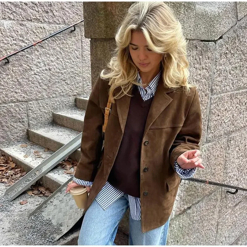 Women Suede Jackets Loose Lapel Single Breasted Long Sleeves Pockets Blazer Coats Female Autumn Fashion New in Outwear