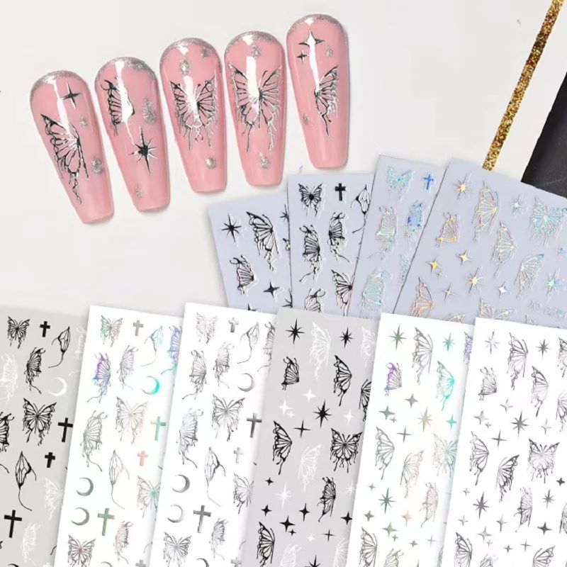 Nail Sticker nail stickers nail art decoration nail decals Silver Metal Butterfly 3D Nail Sticker Black White Butterflies Star Adhesive Slider Wraps Manicure Gel Polish Decals