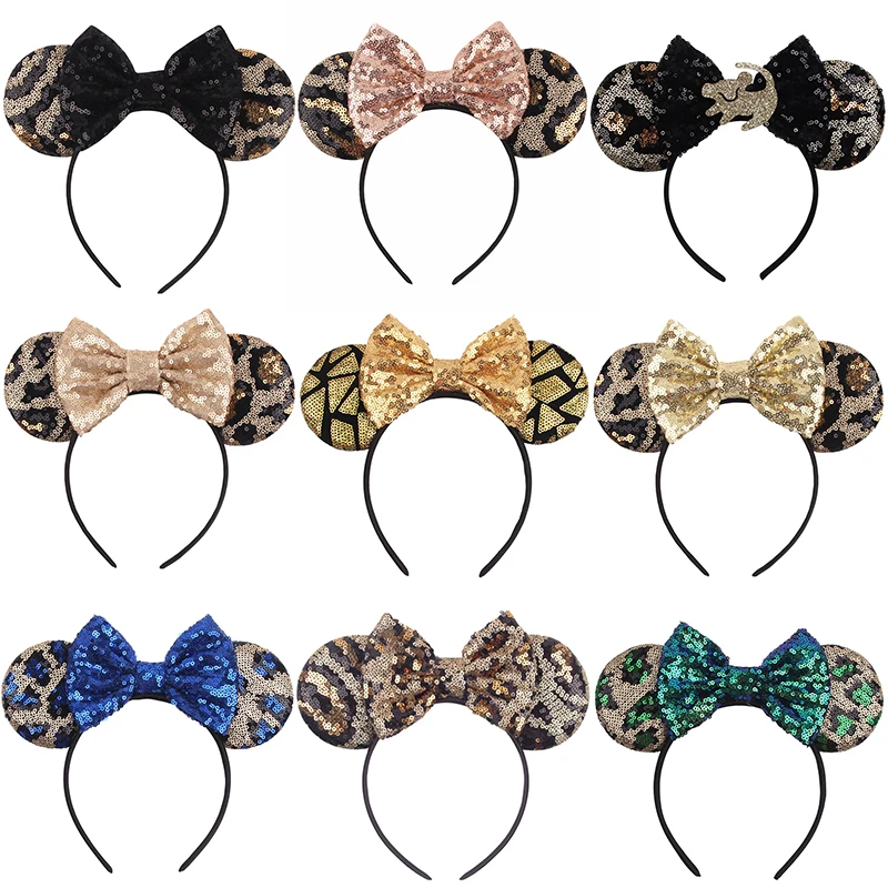 Disney Mickey Mouse Ears Headband Trend Leopard Print Sequins Bows Hairbands Women Child Festival Party Headbands For kids Girls