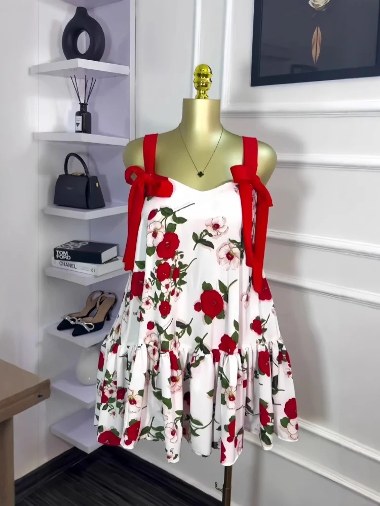 Wmstar Dresses Women Wholesale Floral Print Sleeveless Bow Bandage Mini Dress Stretch Sexy Streetwear Mini Dresses Dropshipping