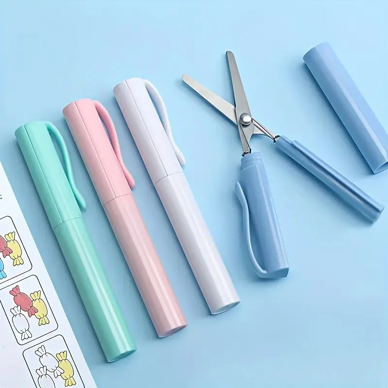 카와이 다기능 접이식 가위 크리 에이 티브 펜 모양 가위 DIY 휴대용 종이 절단 예술 도구 학교 사무용품