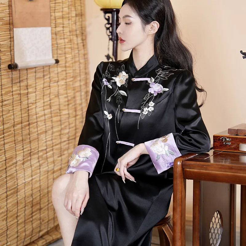 

Chinese Style Trench Coat Top Women's Loose Fashionable Autumn And Winter Embroidered Acetate Qipao Coat S-XXL