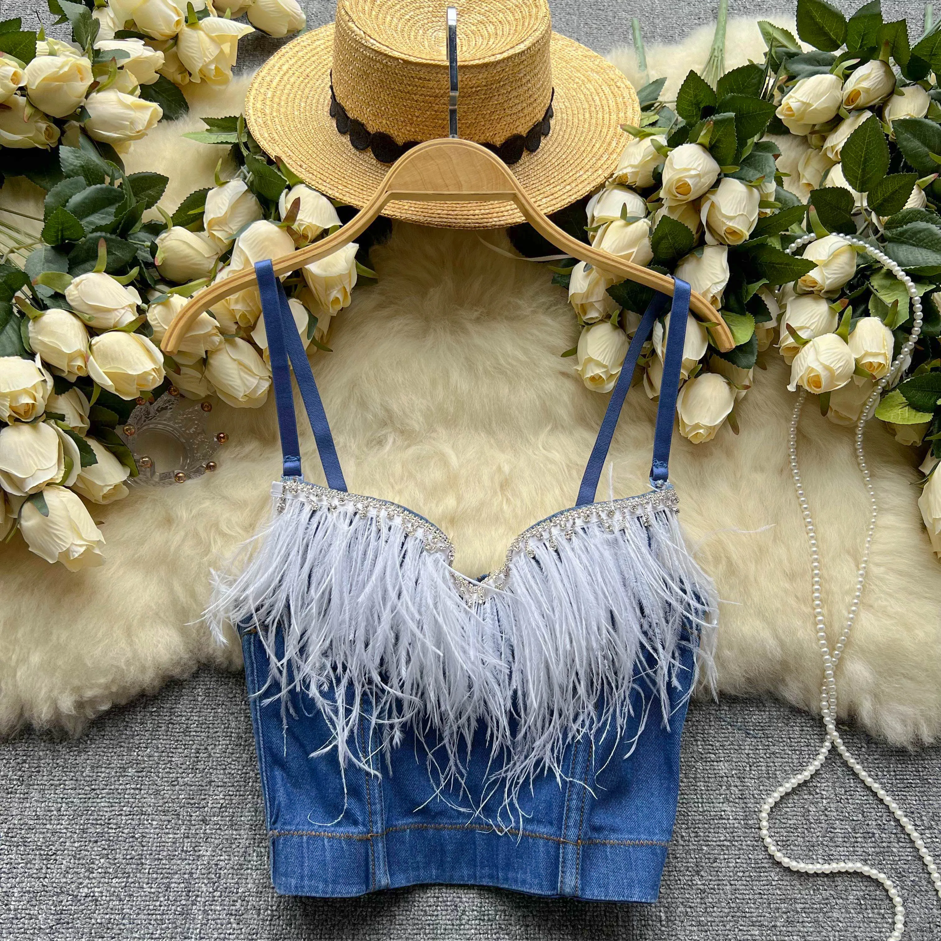 

Vintage diamond studded feather tassel Camis with suspender for women's summer outerwear versatile denim top