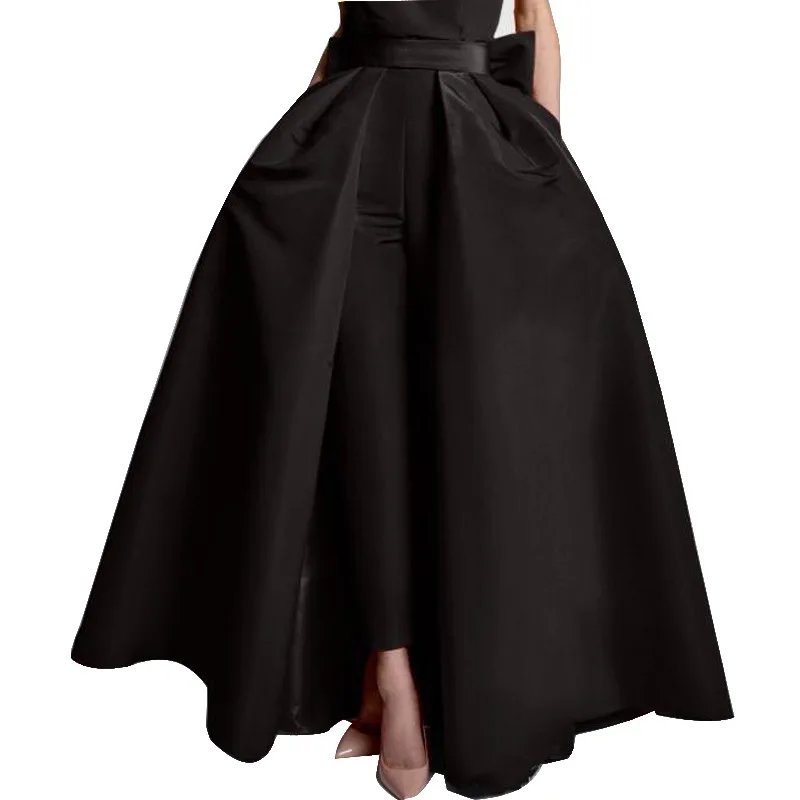 

Black Detachable Satin Overskirt Skirt Big Bow Waistband Floor Length Train Removable Wedding Accessories Maxi Party Skirts