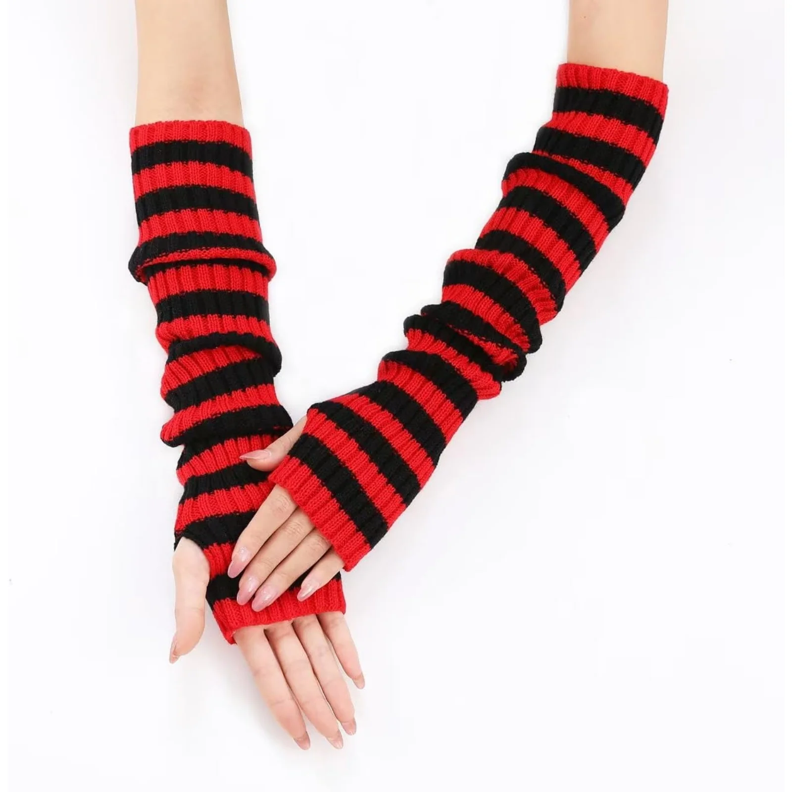 A Pair Of  Women's Striped Long Fingerless Gloves, Warm Winter Fall Arm Warmers, Stylish Knitted Elbow-Length Gloves For Ladies