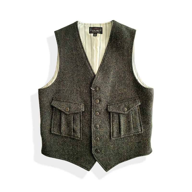 

Tweed Wool Vest for Men Slim Fit Green Smart Business Gentlemen Elegant Waistcoat Vintage Gilet Wedding Groom Dress