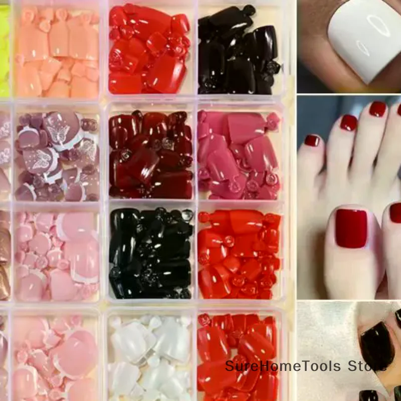 96 Pcs 4 Grid Short Square False Toenails Full Cover Acrylic Artificial Foot Nail Tips Wearable Nail Art Extension For DIY Nail