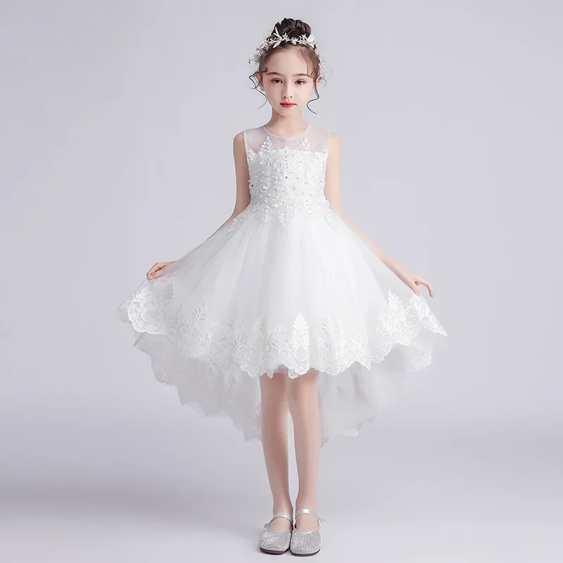 

Белое Цветочное платье для девочек, свадебные кружевные сетчатые платья без рукавов для выпускного вечера, Летнее Детское платье