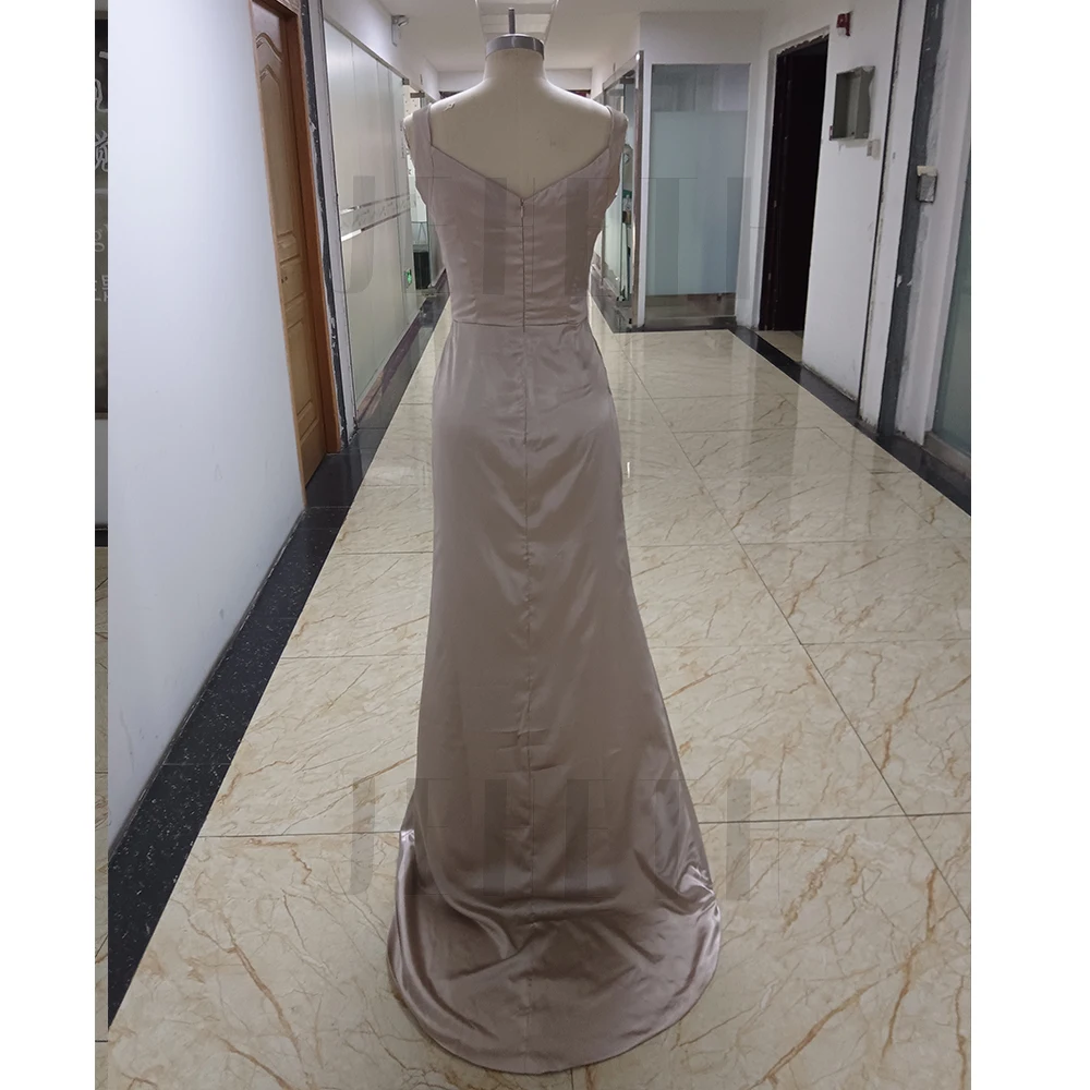 JEHETH Sexy Deep V-Neck Satin Evening Dresses Spaghetti Straps Side Split Backless Pleats Cocktail Party Gowns robes de soirée