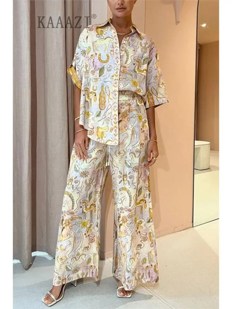 

Short Sleeve Polo-neck Vintage Printed Graphic Casual Women Shirt Loose Pants Summer Fashion Blouse 2 Piece Sets Outfits Holiday