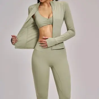Ningyu 3PCS Women's Tracksuit Gym Set Yoga Set Fitness Sportswear Female Workout Long Sleeved High Waist Leggings Sexy Yoga Bra 1