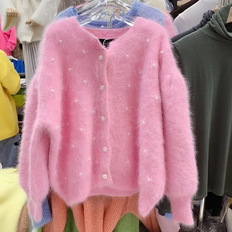 고품질 패션 밍크 캐시미어 페르시 스웨터 코트 여성용, 세련된 진주 랜턴 슬리브 니트 가디건, 겉옷, 가을 겨울