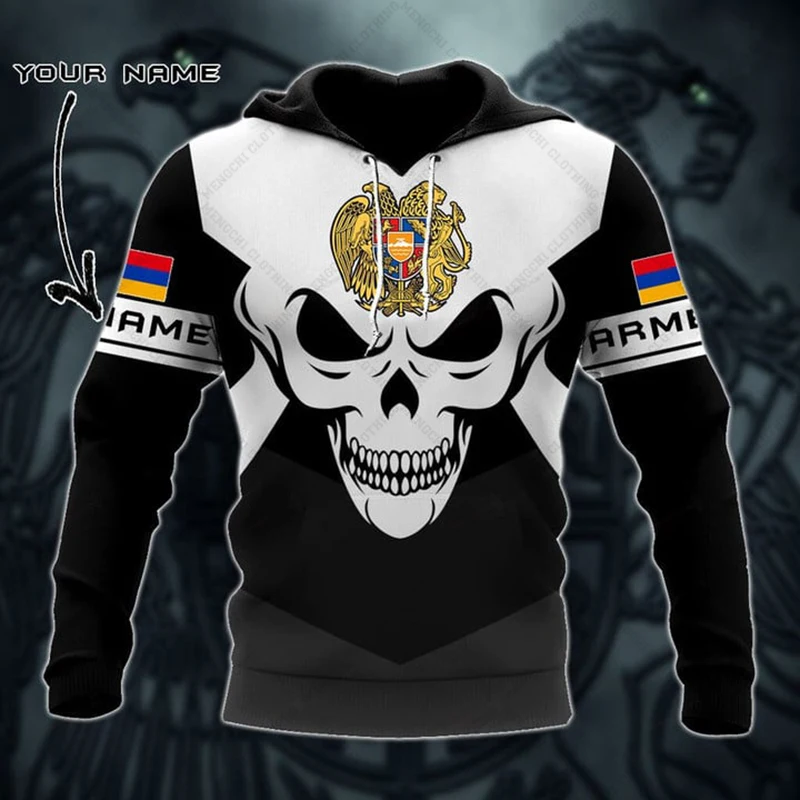 Custom Name Armenia Camouflage Skull Graphic Hoodies Loose Men's