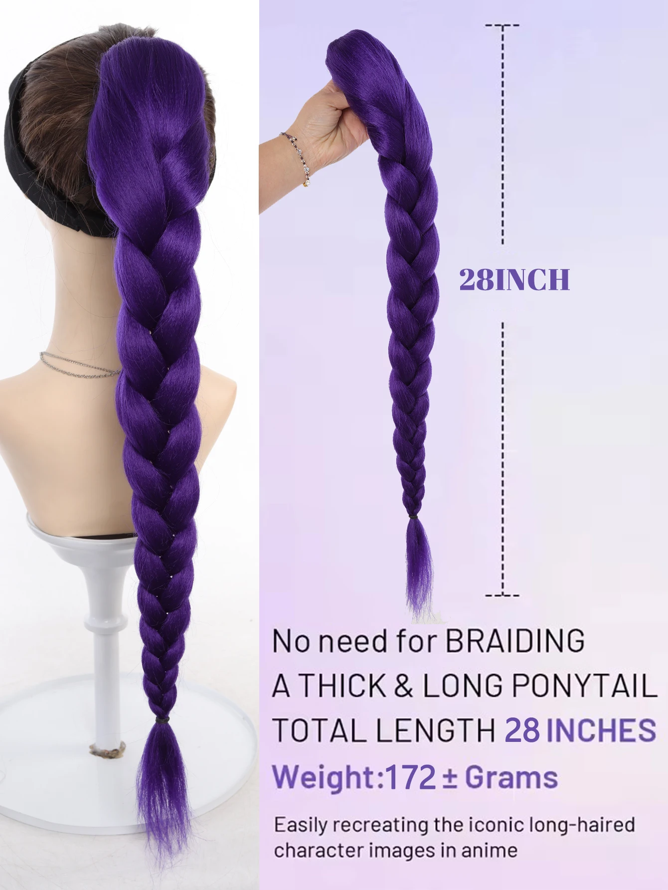 Synthetic Purple Braided Hair Ponytail Extension Clip for Women and Kids