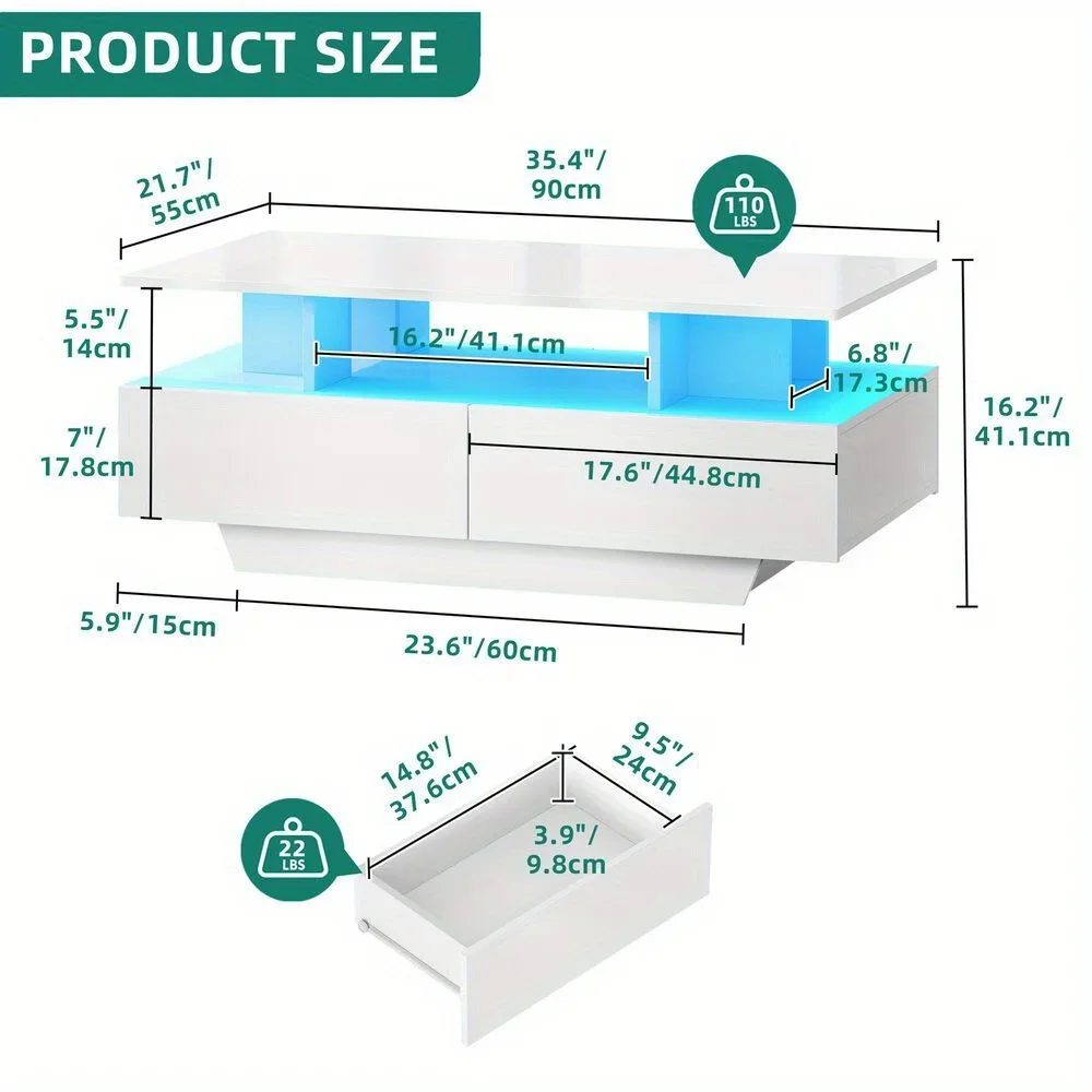 High Gloss Coffee Table Center Cocktail Table with LED Lights & Sliding Drawers