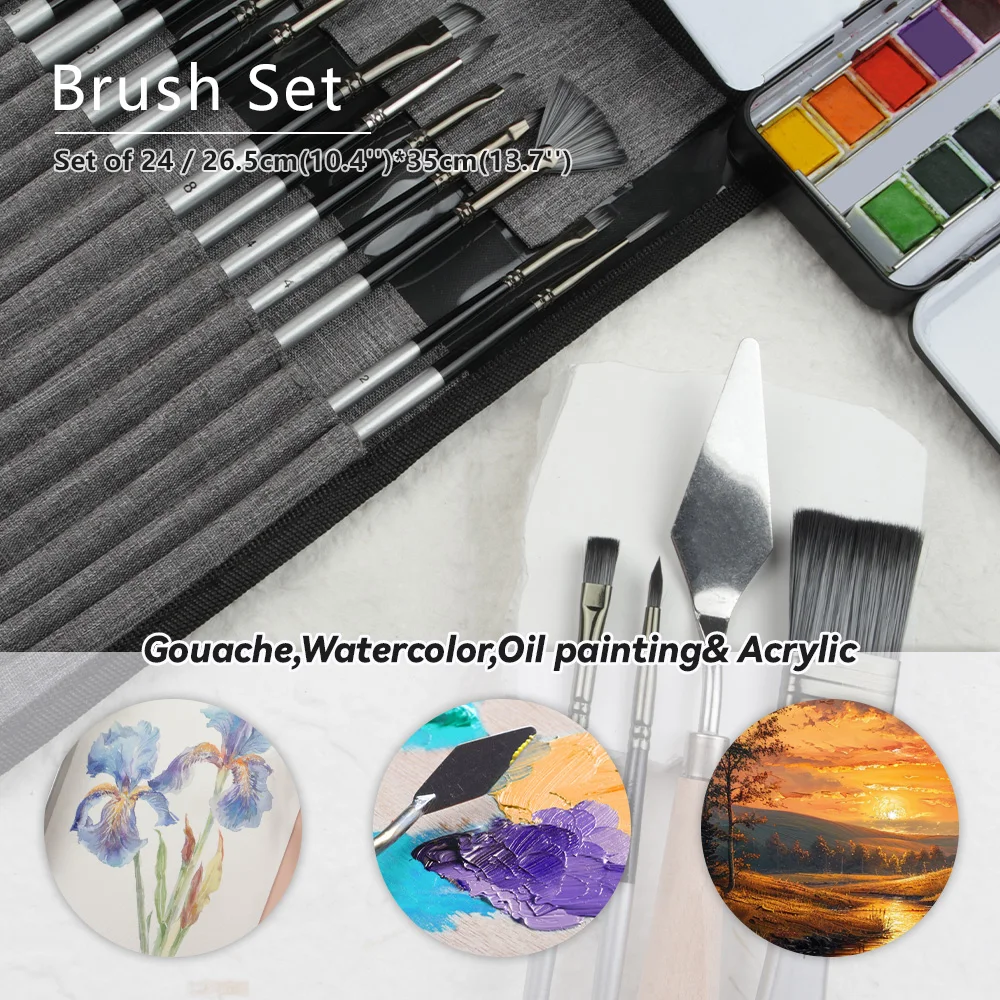 SeamiArt 24pcs Silver Grey Painting Brush Set – Gouache, Watercolor, Oil 4