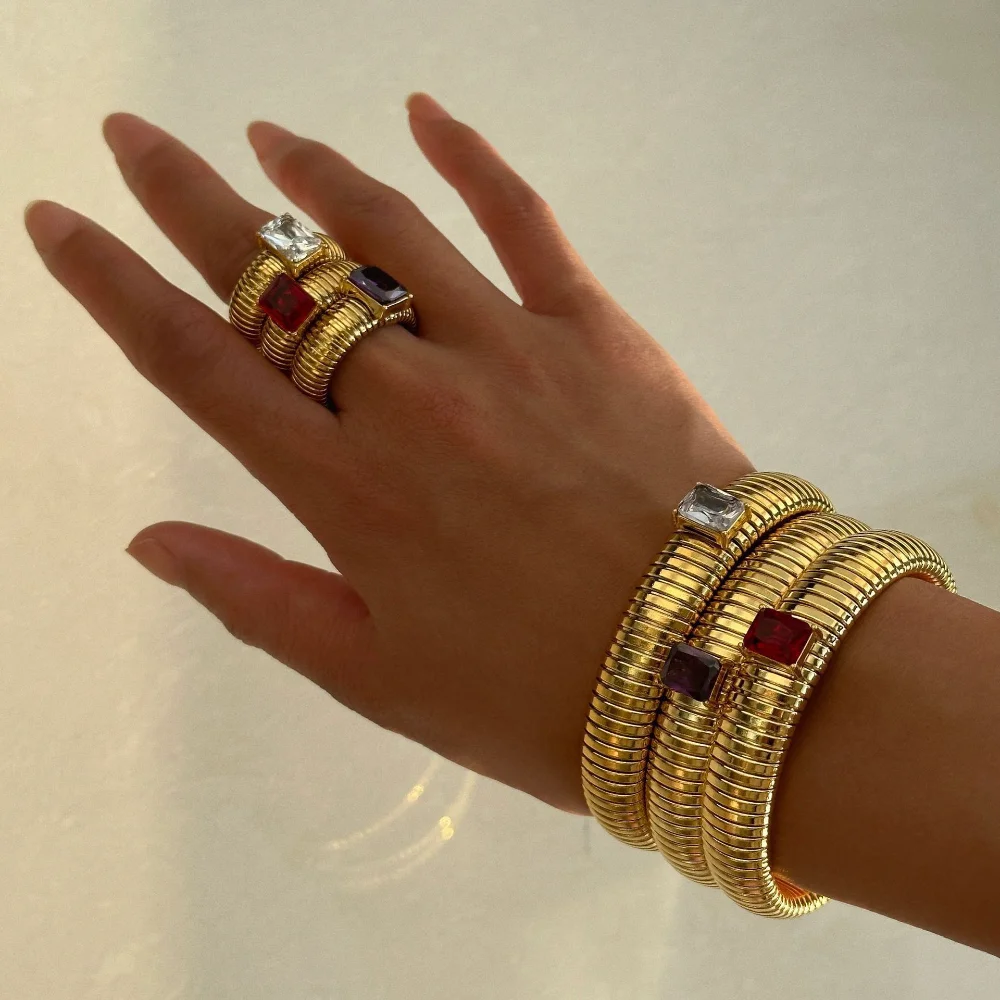 Punk Exaggerate Multicolour Crystal Rings for Women 18K Gold Plated Waterproof Twist Square Thick Ring Hiphop Vintage Jewelry