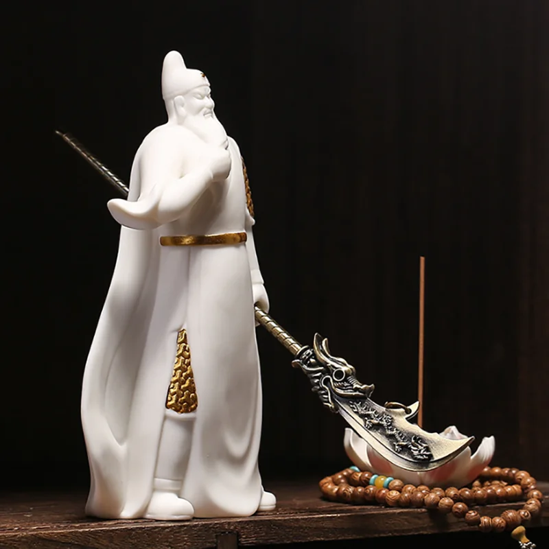 Chinese Guan Gong Statue, God of Wealth & Warrior Figurine, Ceramic Decoration for Home Office Desk, Blessing for Fortune