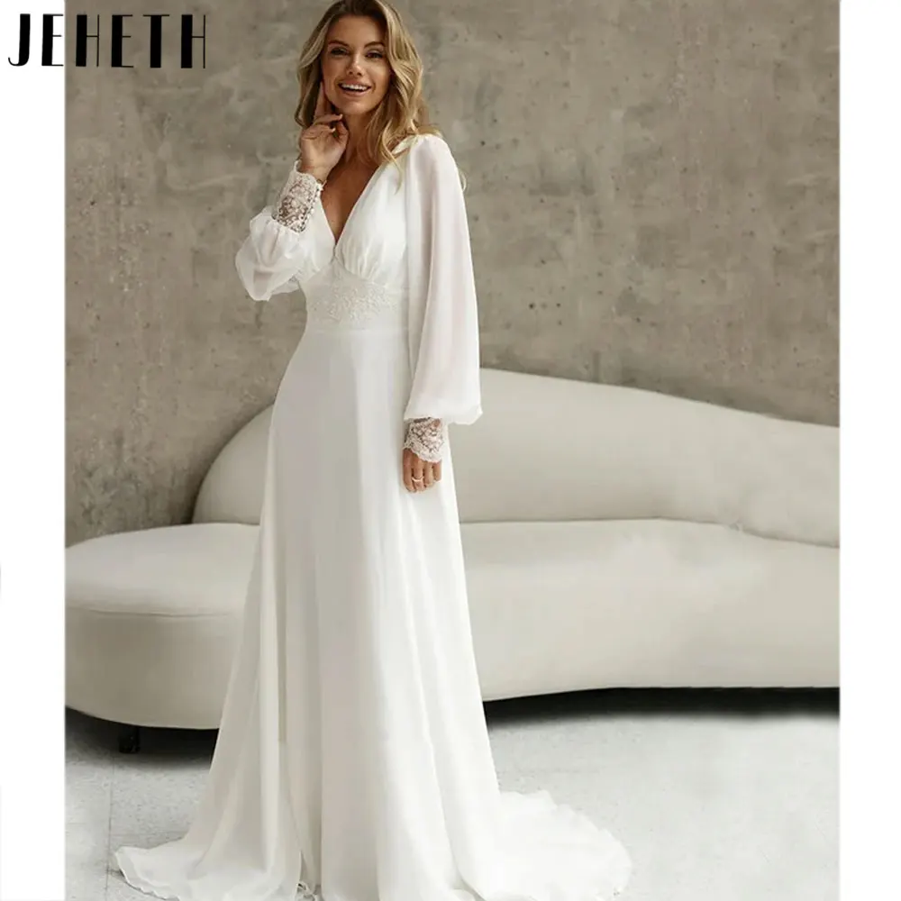 

JEHETH Boho Chiffon A-Line Bride Gowns Lace Full Puff Sleeves Wedding Dresses Backless V-Neck 2024 vestido de noiva casamento