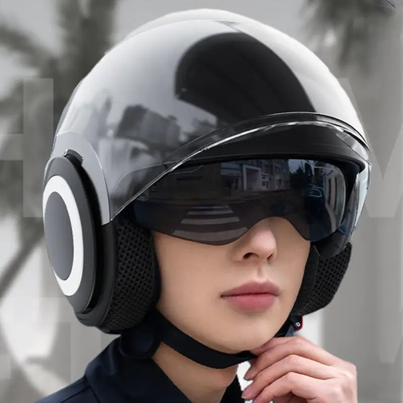 

black Motorcycle Open Face Helmet With Sun Visor Quick Release Buckle Ventilated Motocross Half Helmets For Men Women Safety Hat
