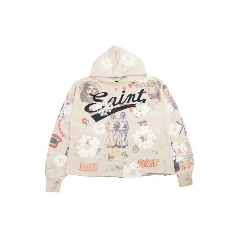 

japanese style Vintage Saint Michael Hoodie Men Women1:1 Graffiti Retro damage Makes Old Holes Loose Pullover Hooded