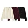 Vintage Solid  Golden Button Woman Single Breasted Sweater Ladies V-neck Long Sleeve Pocket Female knitted sweater 1