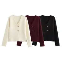 Vintage Solid  Golden Button Woman Single Breasted Sweater Ladies V-neck Long Sleeve Pocket Female knitted sweater 1