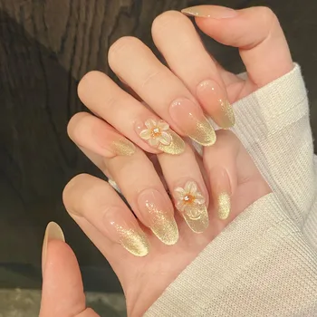 10pcs Handmade Press on Nails Gradient Gold Cat Eye Round Head Fake Nails with Yellow Flower Wearable Reusable False Nail Tips 1