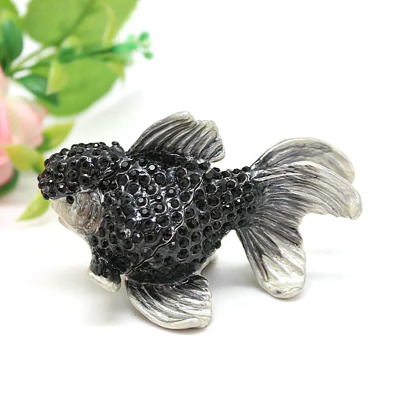 SHINNYGIFTS Enameled Hinged Fish Trinket Box Czech Crystal Bejewled Metal Craft Fish Figurine for Home Decoration