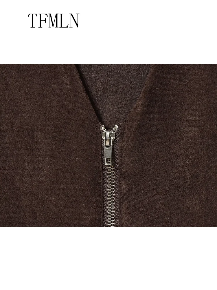 Causal Women Zipper Vest Coats 2025 Autumn Fashion V-neck Sleeveless Drawstring Chic Streetwear Vintage Pockets Solid Jackets