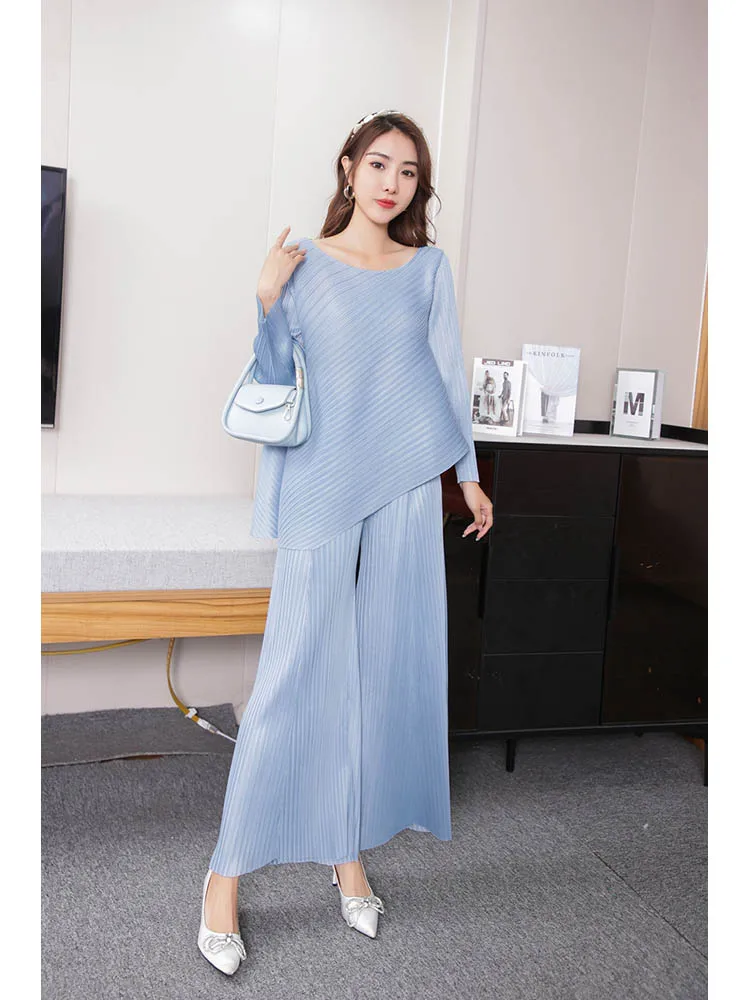 Womens Two Peice Sets Solid Irregular Long Sleeve Pleated Tops Long