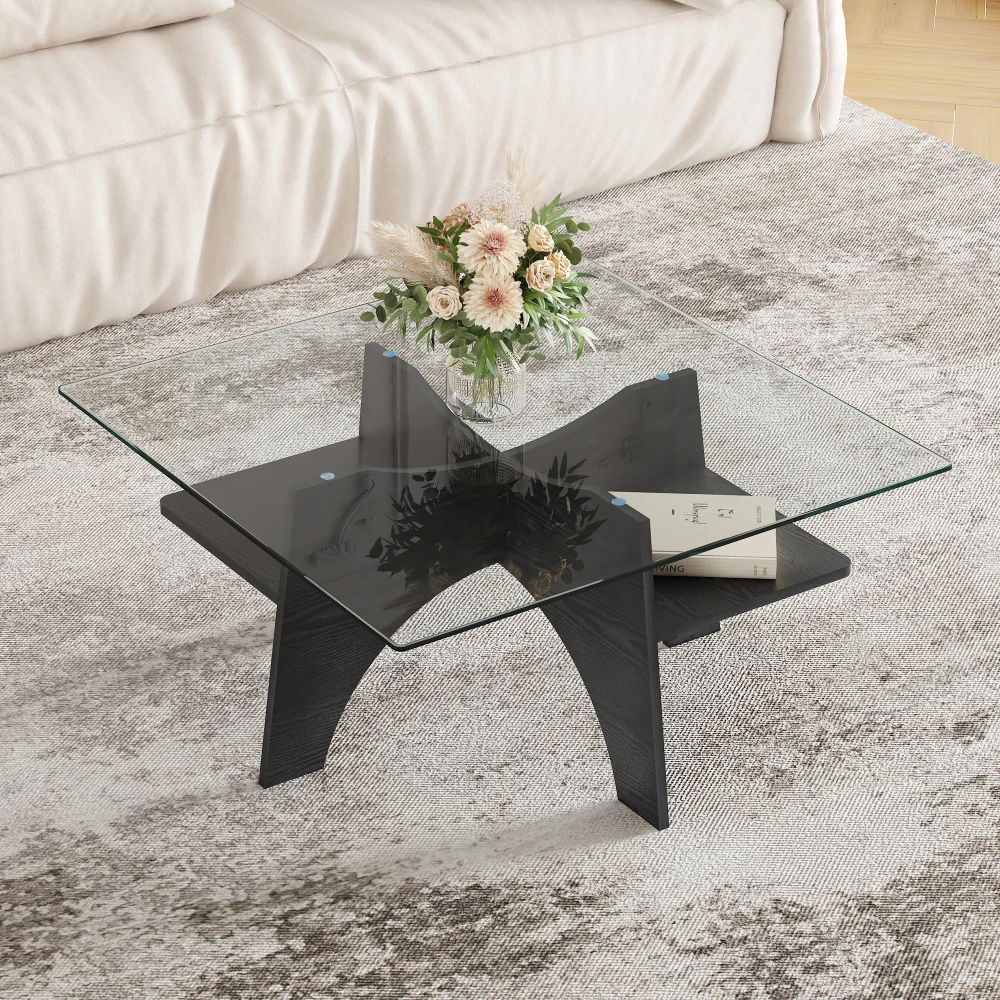 Moderner quadratischer Beistelltisch/Couchtisch aus Sicherheitsglas – 80 cm. Tischbeine aus MDF in Walnussholzoptik. Ideal für das Wohnzimmer – Detail 13