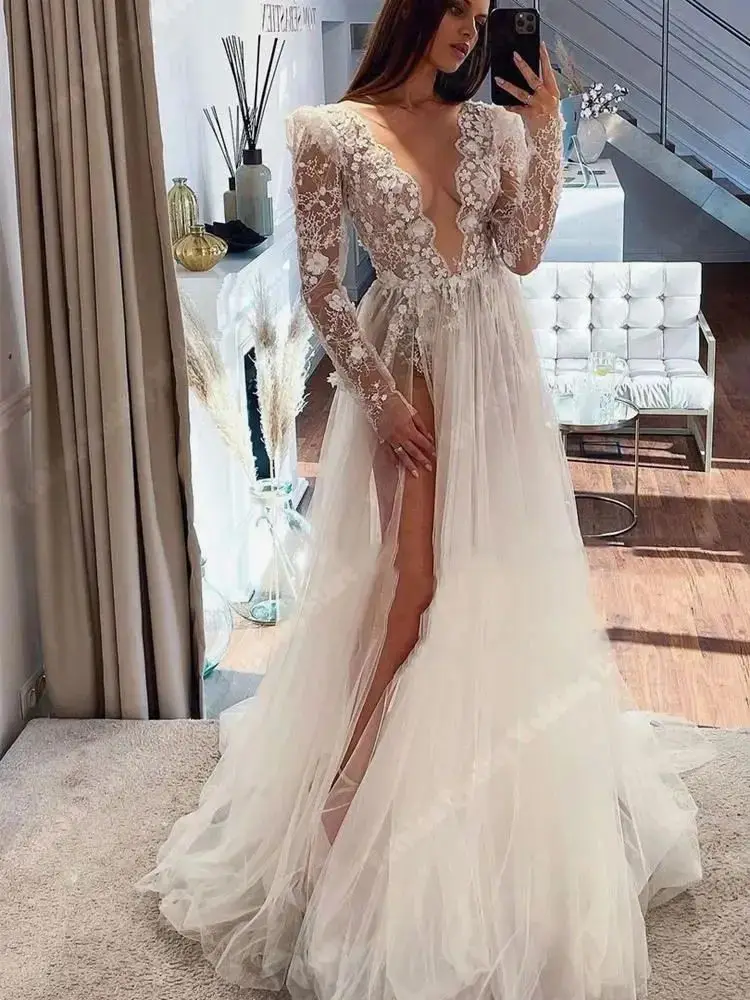 V-Neck Long Sleeves A-Line Tulle Wedding Dresses High Fork Women Bridal Gowns 2024 Mopping Length Vestidos De Novias Customized 2