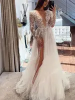 V-Neck Long Sleeves A-Line Tulle Wedding Dresses High Fork Women Bridal Gowns 2024 Mopping Length Vestidos De Novias Customized 2