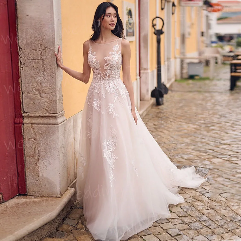 

Luxurious Graceful A Line Women's Wedding Dresses Classic Pretty Appliques Lace Bride Gowns Popular Sleeveless Vestidos De Novia