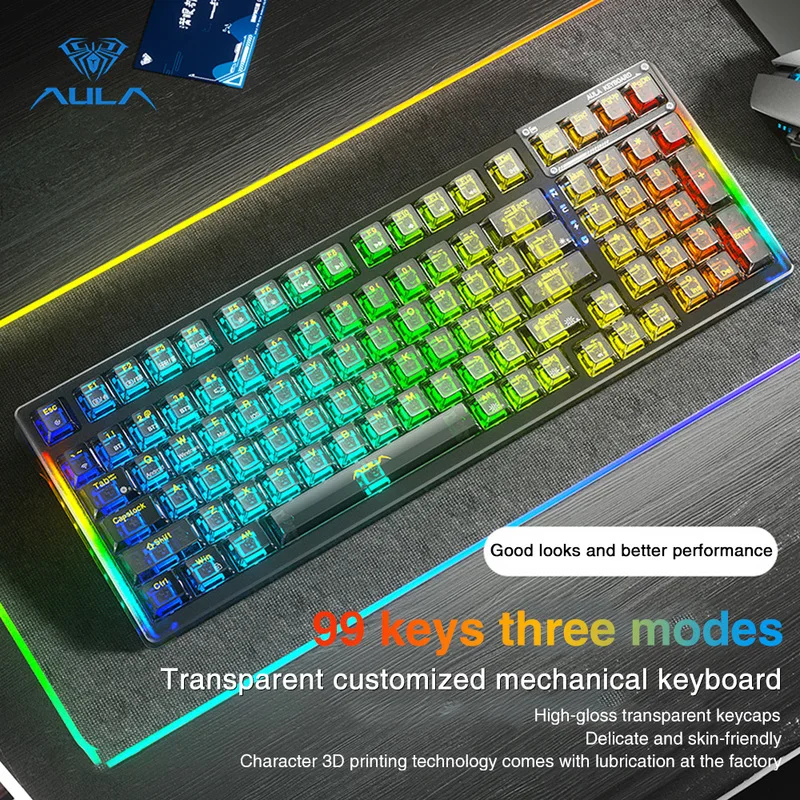 

AULA F98 Hotswap Bluetooth Wireless Mechanical Keyboard 3 Mode RGB 99 keys RGB Transparent Keycap 4000mAh Battery for PC MAC Lap
