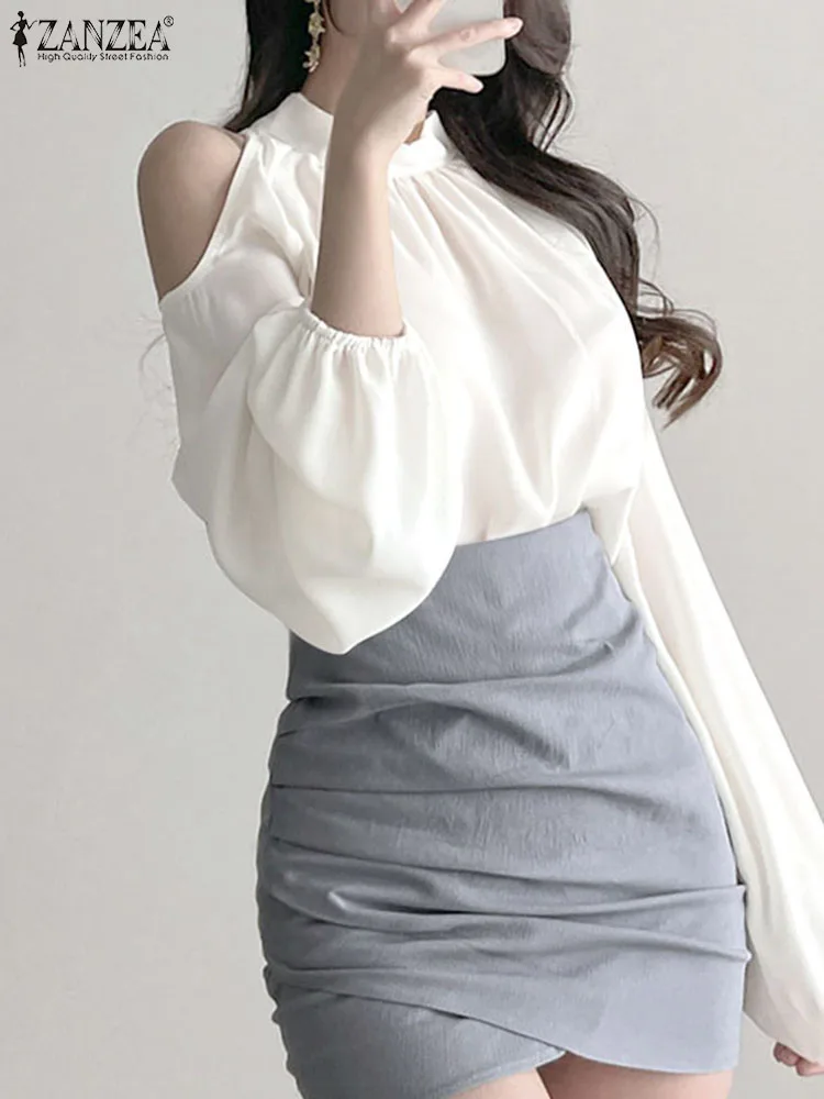 

ZANZEA Women Korean Versatile Blusa Cold Shoulder Stand Collar Pleats Elegant Shirt Solid Color Puff Sleeve Fashion Pink Blouses