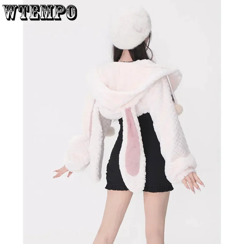 

Pink Long Rabbit Ear Camisole Coat Women Long Sleeve Top Fluffy Cute Sweet Plush Warm Korean Fashion American Y2k Autumn Winter