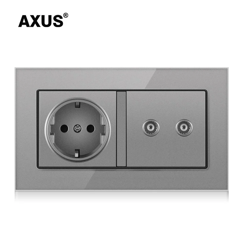 

AXUS Luxury Utp Cat6 European Standard Wall Socket With TV And Telephone Gray Tempered Glass Gomputer Internet Rj45 /11 146*86mm