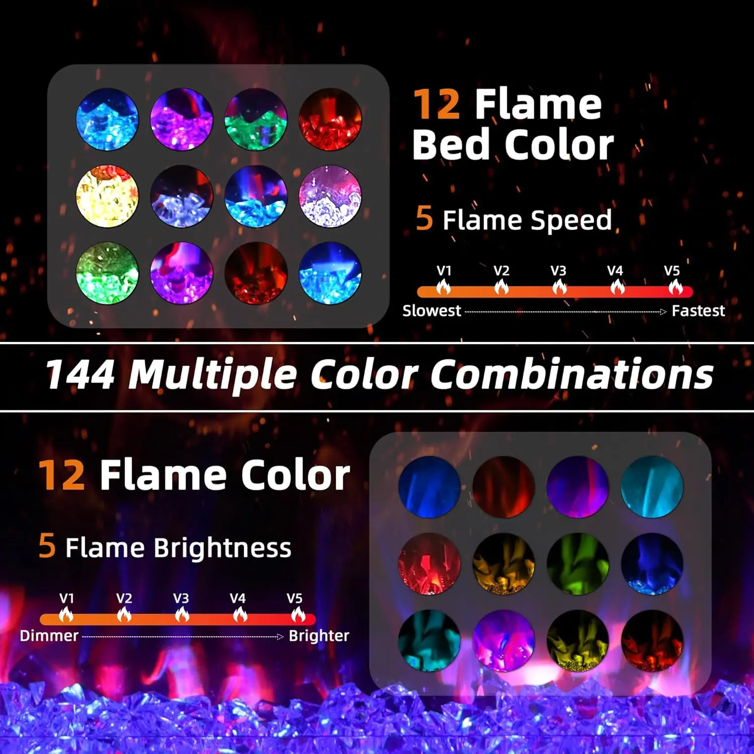 Modern 70" TV Fireplace Stand with 12-Color LED Lights & 12-Color Flame, High Gloss Floating Fireplace Entertainment Center 5