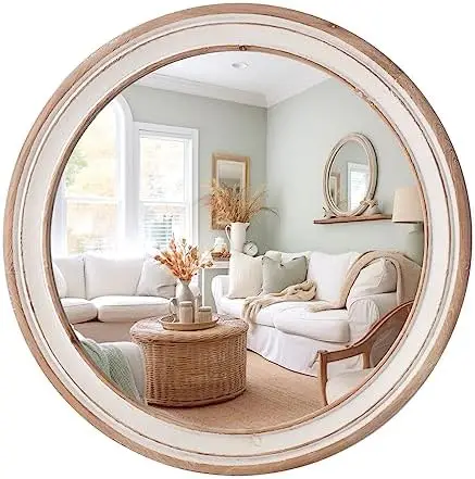 

Round Wood Mirror,24'' Decorative Farmhouse Circle Nature Mirrors,Vanity White Accent Mirrors for Entryway, Hallway, Liv Non rev