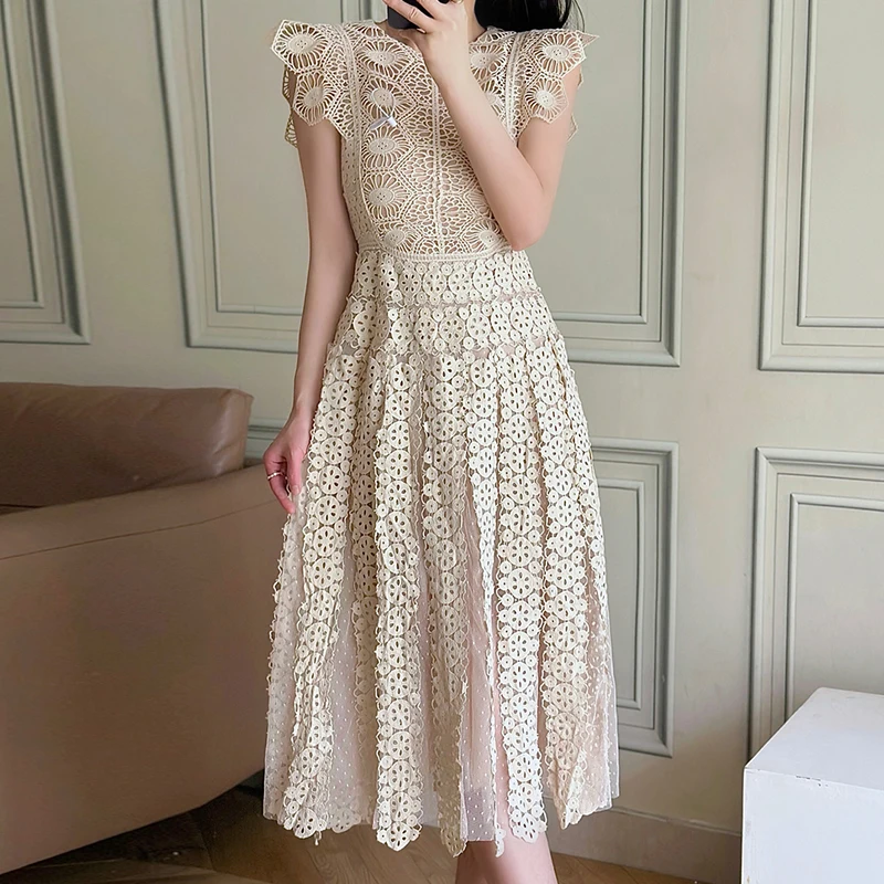 

New Elegance Dress Women Apricot Lace Hollow Out O-neck Vestido Evening Dresses Female High Waist Vintage Clothing Ladies 2023