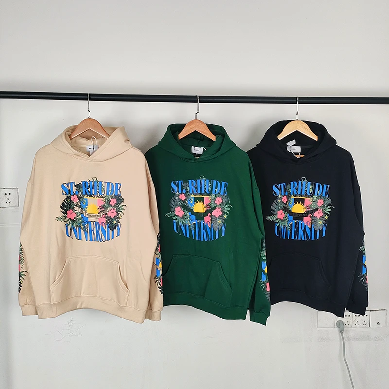 

Fashion Apricot Green Black RHUDE Pullover Hoodies Men Women 1:1 Flower Letter Print Logo Casual Loose Pocket Hooded Sweatshirts
