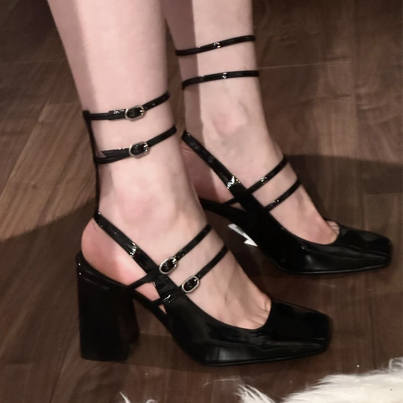 

Patent Leather Double Ankle Strap Pumps Thick Heel French Style Mary Jane Shoes Square Toe Women High Heels Zapato de Tacón