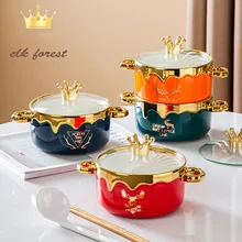 700ml Elk Forest Ceramic Noodle Bowl with Lid Student Creative Soup Bowl Home Two-ear Salad Bowl Pasta Bowl Cute Bowl